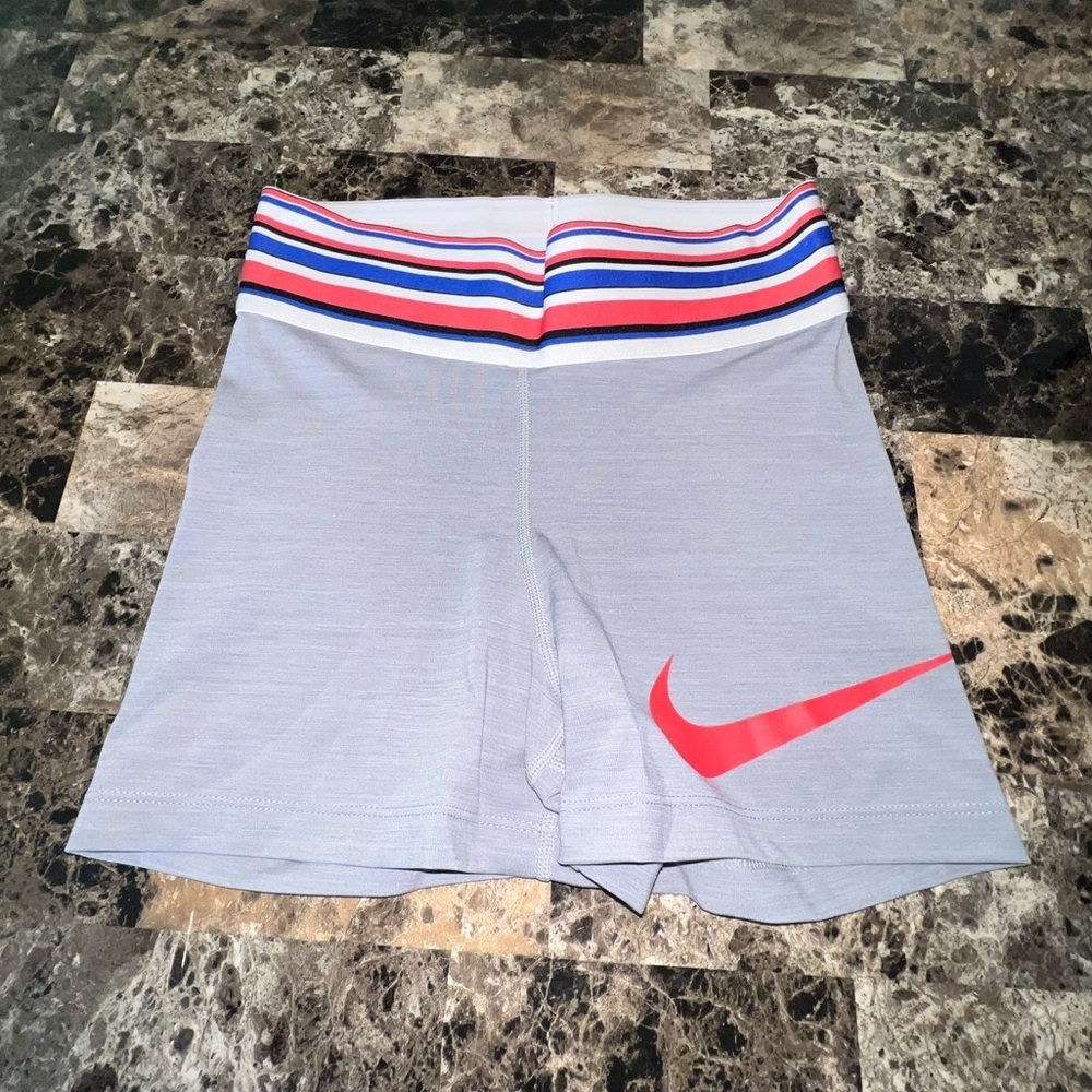 Nike Pro DRI Fit  Gray pink and blue Shorts 3”w/Red Swoosh and Striped Waistband